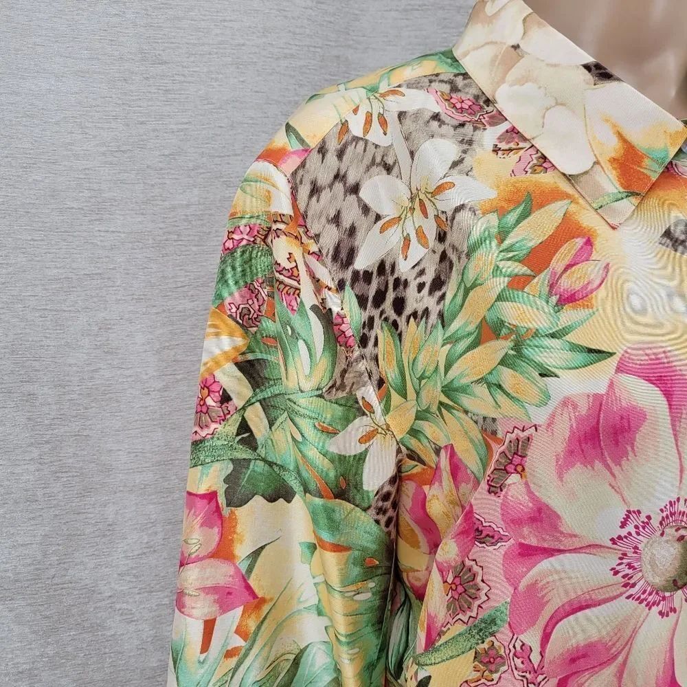 Clothes Silk Tropical Floral Leopard Print Women's Top Button Down Blouse - Picture 3 of 9